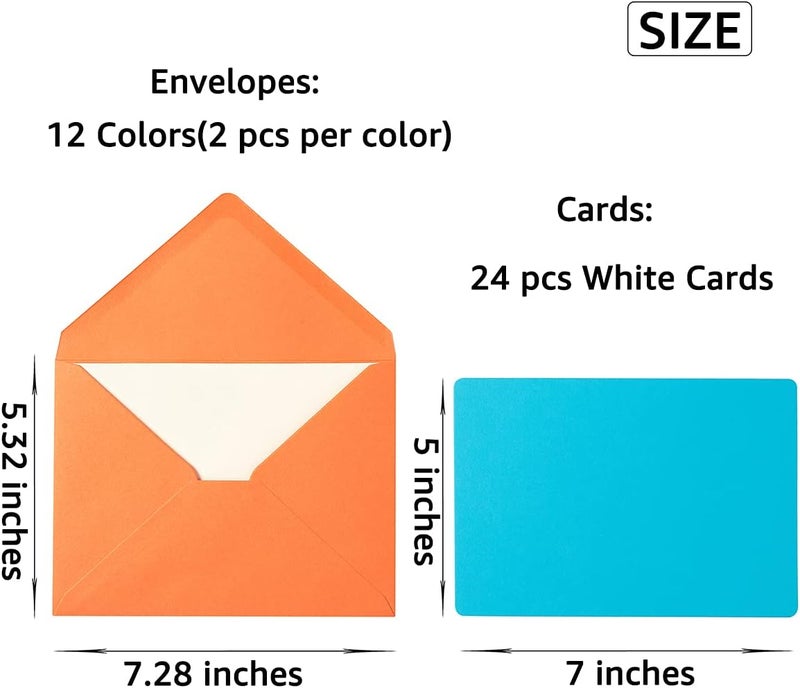 Wishop A7 Colorful Gummed Envelopes and Blank Cards 24 Pieces A7 Envelopes and 24 Pieces 5x7 Colorful Flat Cards for Weddings, Invitations, Birthday, Baby Shower (Multicolor) - Image 2